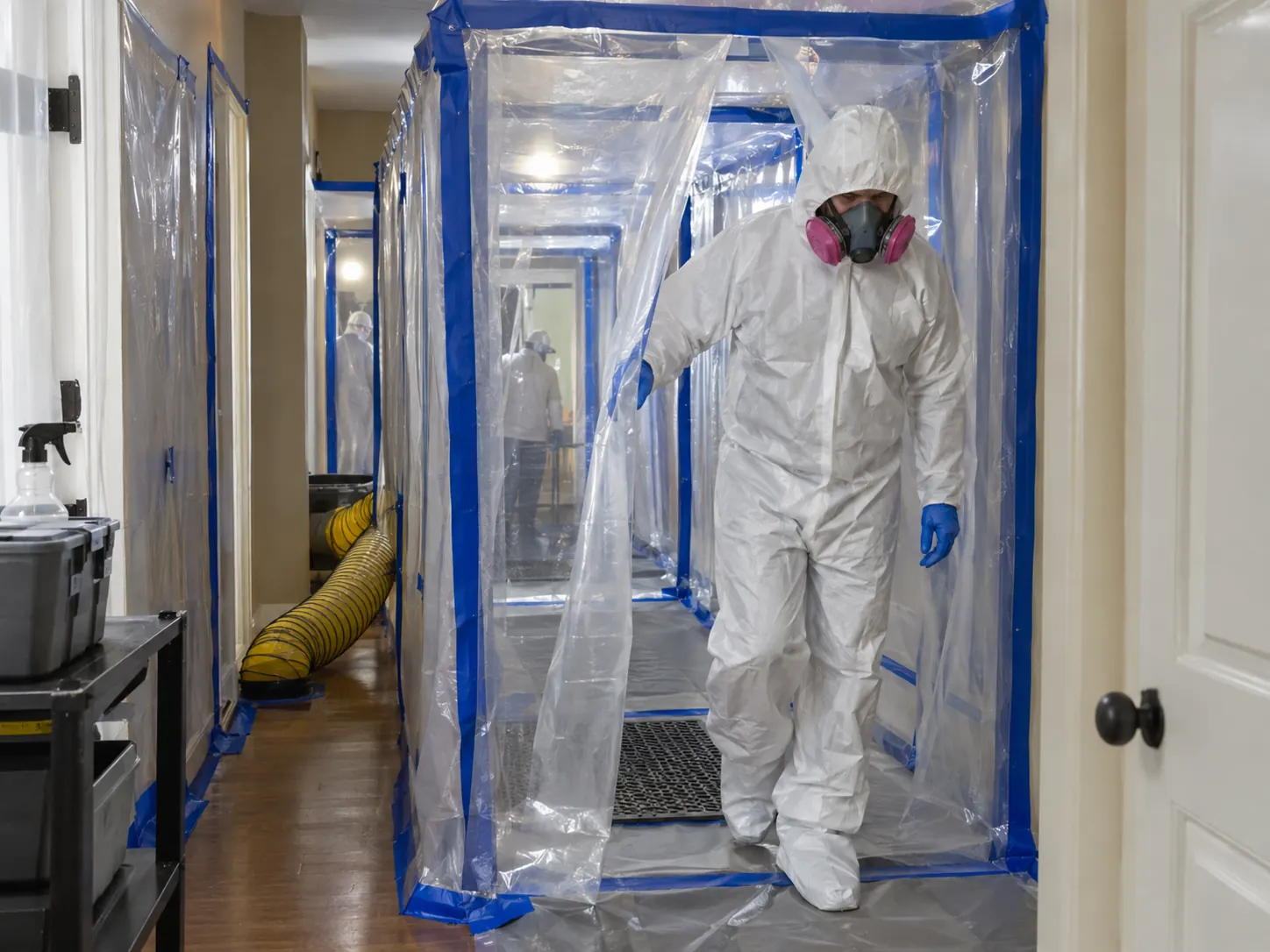 Worker stepping through a poly decontamination chamber