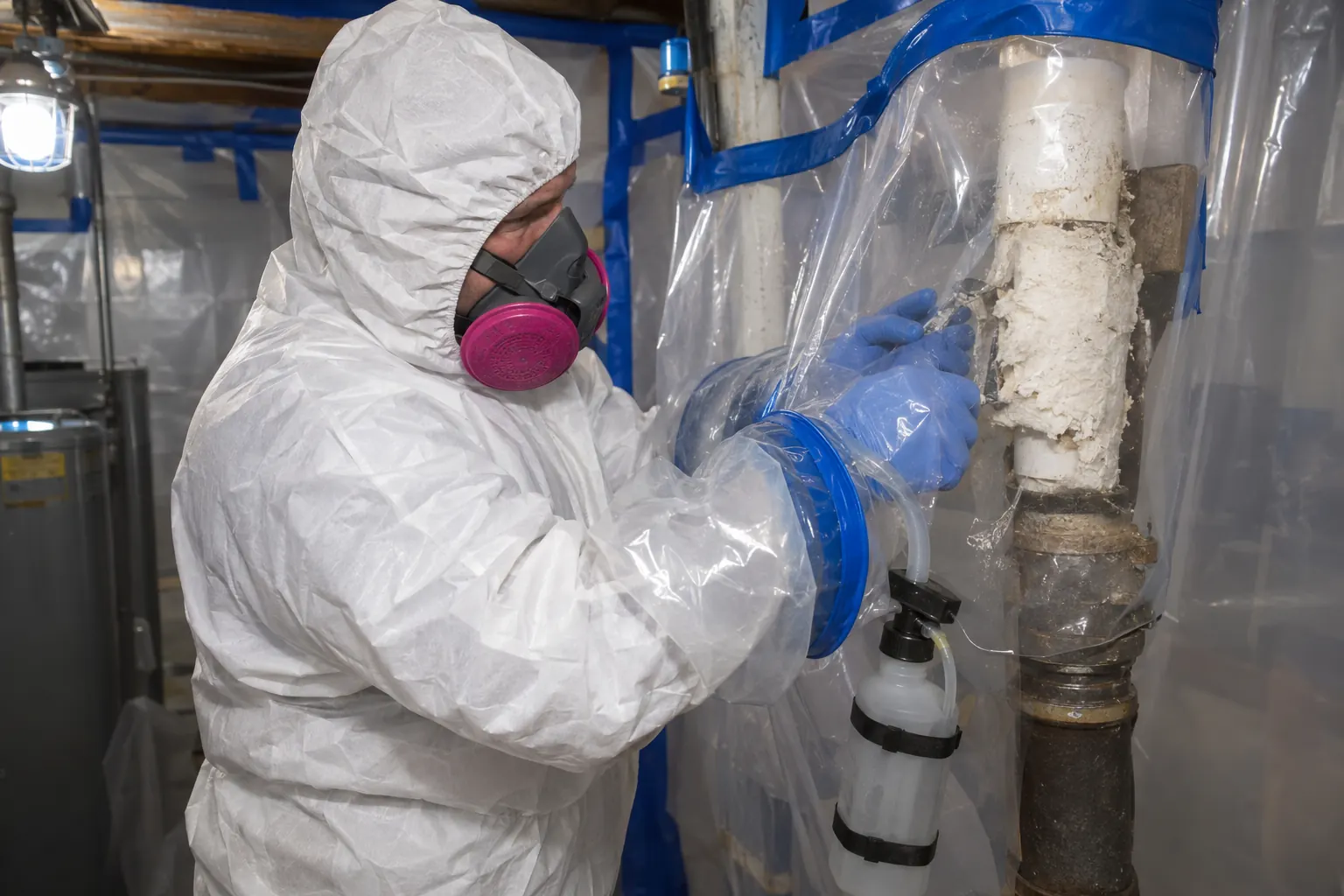 Worker using a glovebag on old pipe insulation