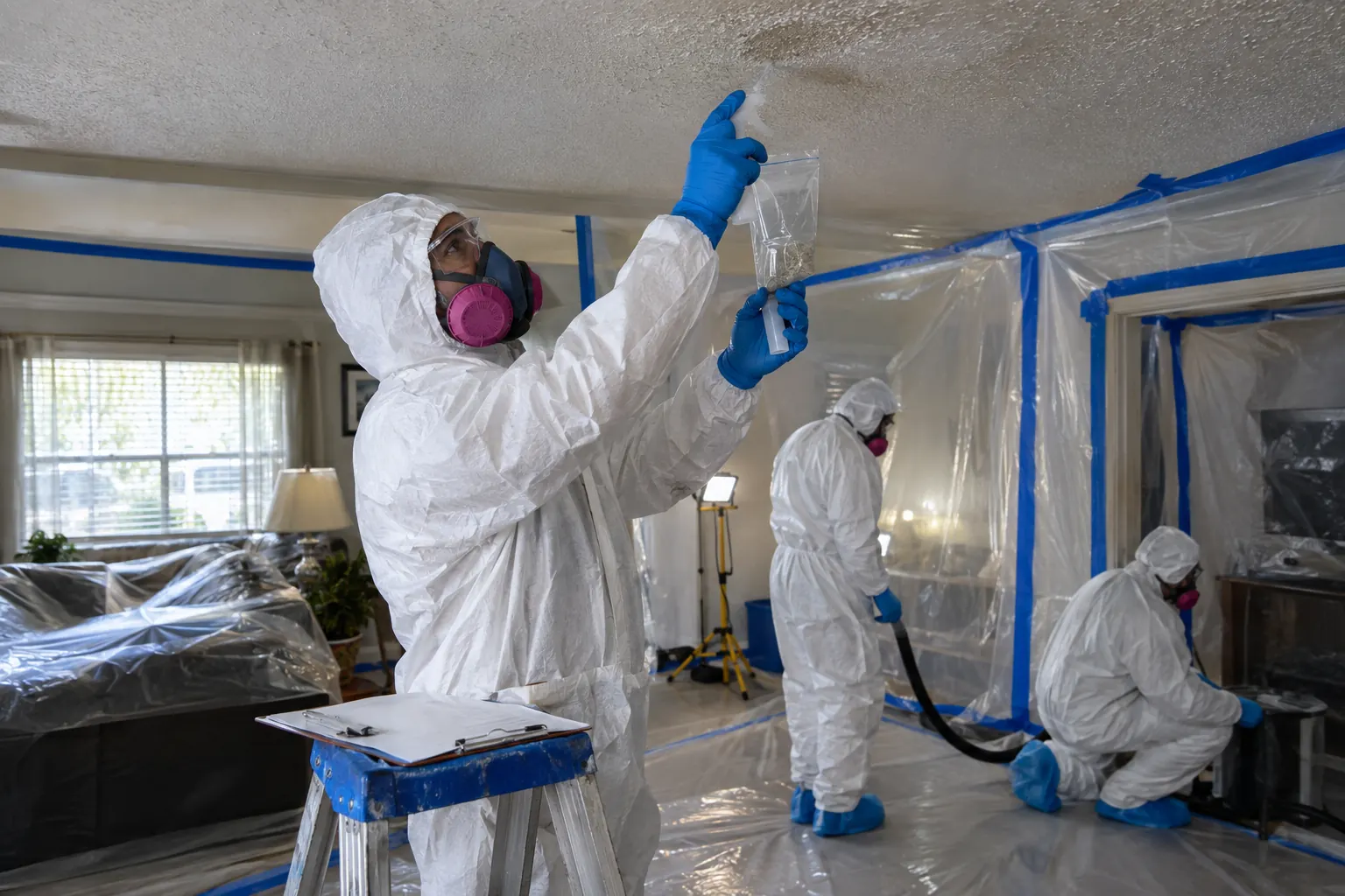 Inspector collecting a bulk sample of ceiling texture