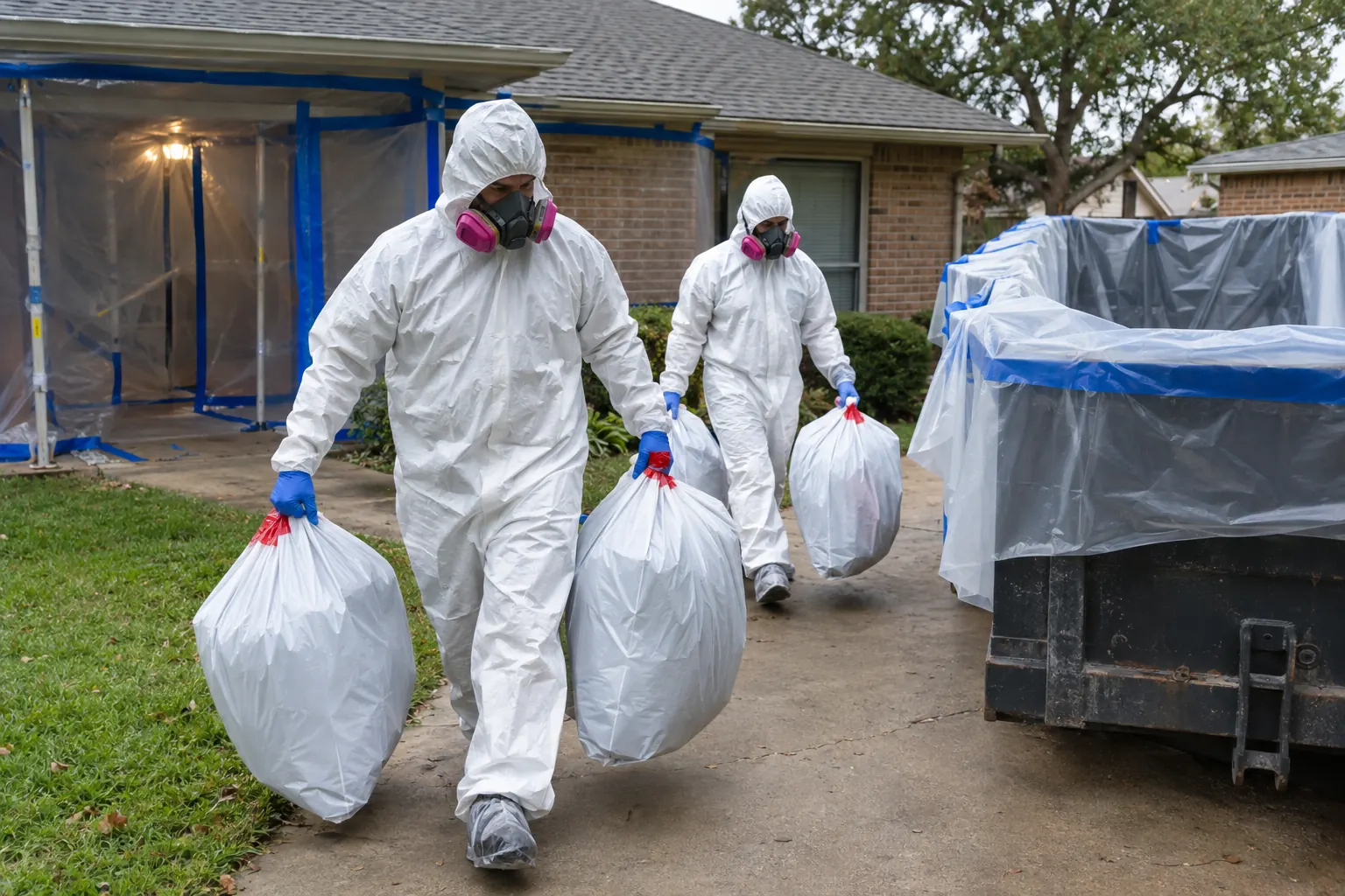 Workers carrying sealed disposal bags to a lined dumpster