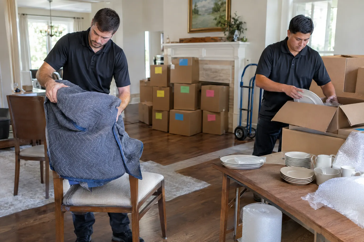 Technicians wrapping furniture and packing household items into labeled boxes