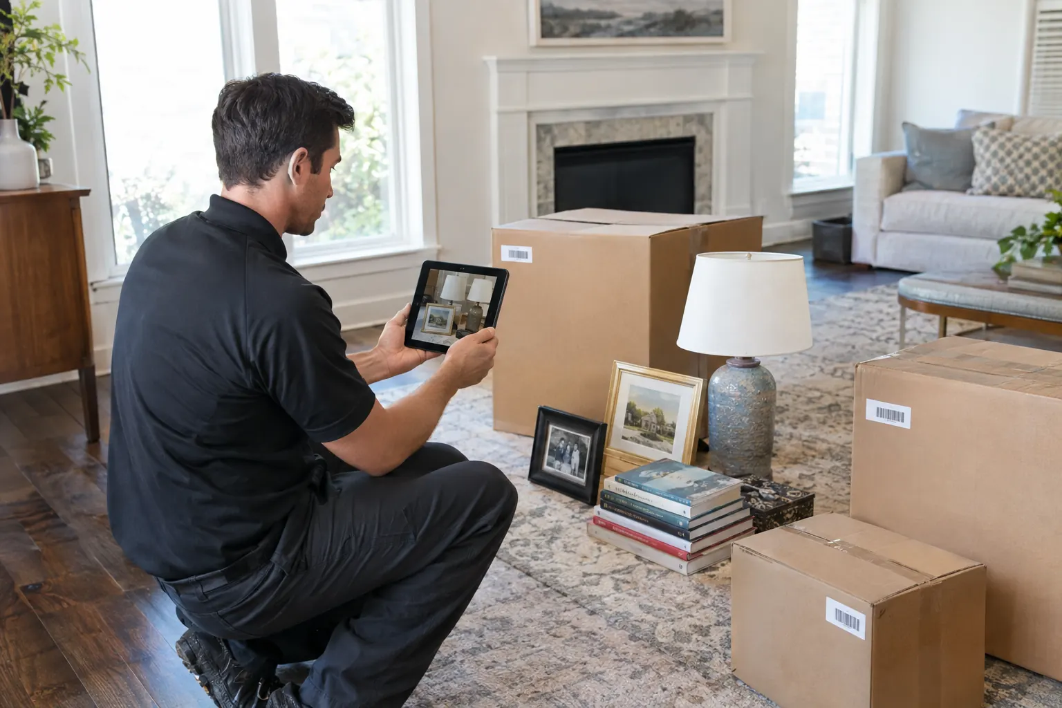 Technician photographing household items with a tablet for a contents inventory