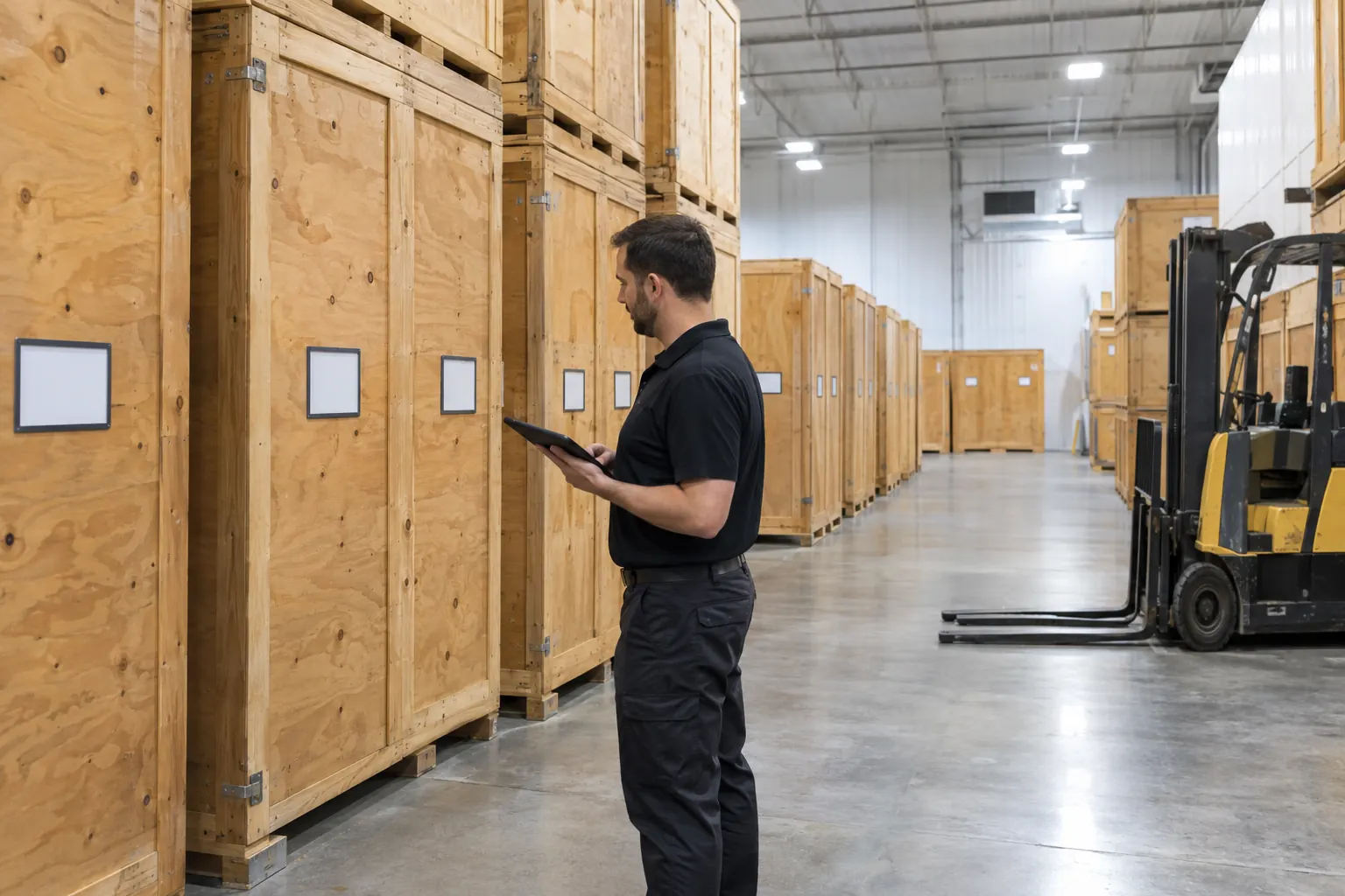 Climate-controlled warehouse with rows of wooden storage vaults