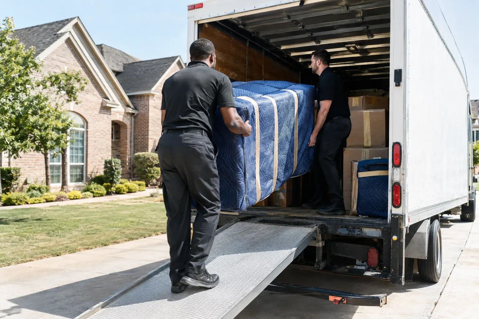 Technicians loading blanket-wrapped furniture into an enclosed box truck
