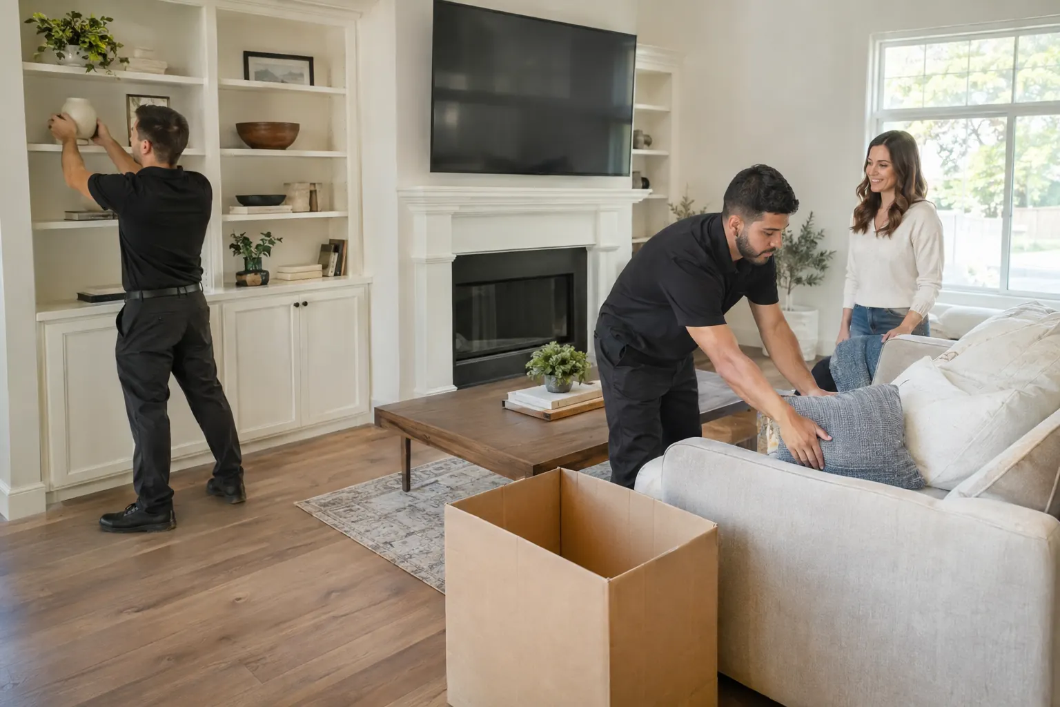 Technicians unpacking boxes and placing items back in a restored living room