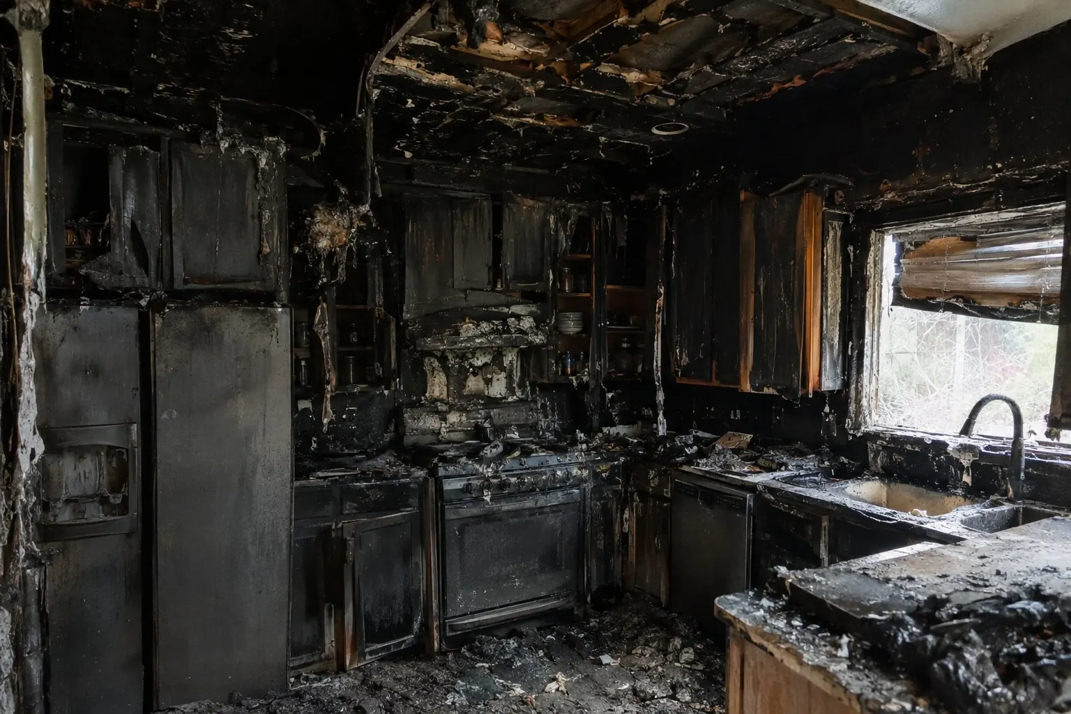 Kitchen interior heavily damaged by fire