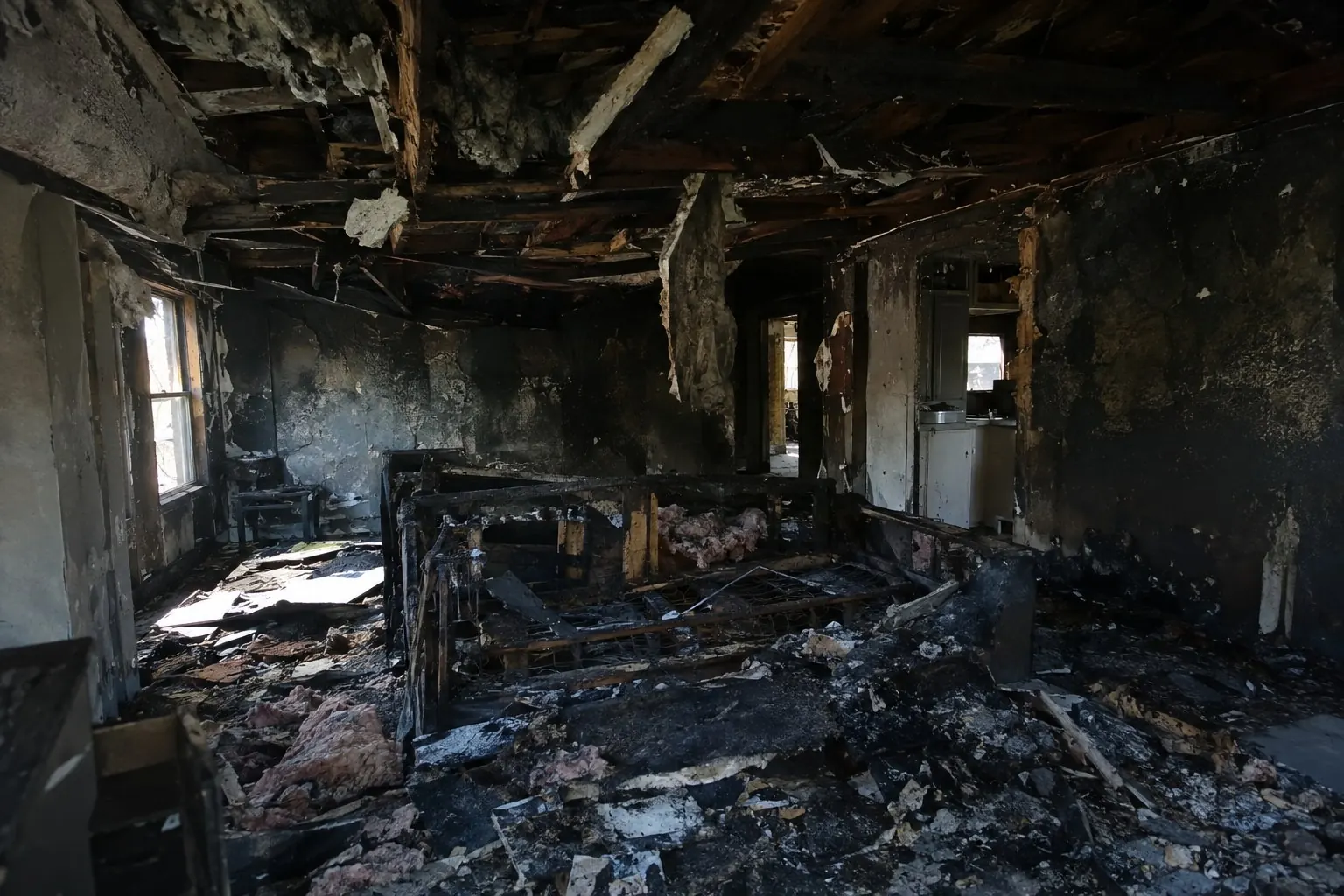 Fire-damaged living area with charred furnishings