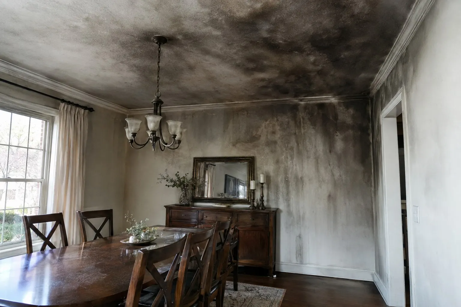 Dining room with heavy smoke and soot staining on walls and ceiling