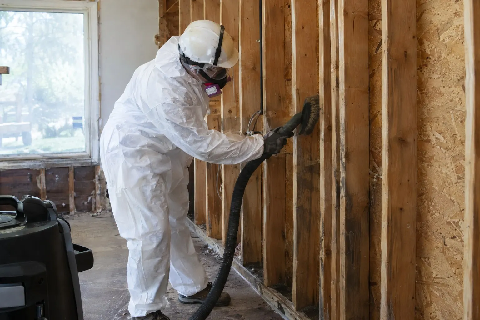 Technician HEPA-vacuuming exposed framing inside containment