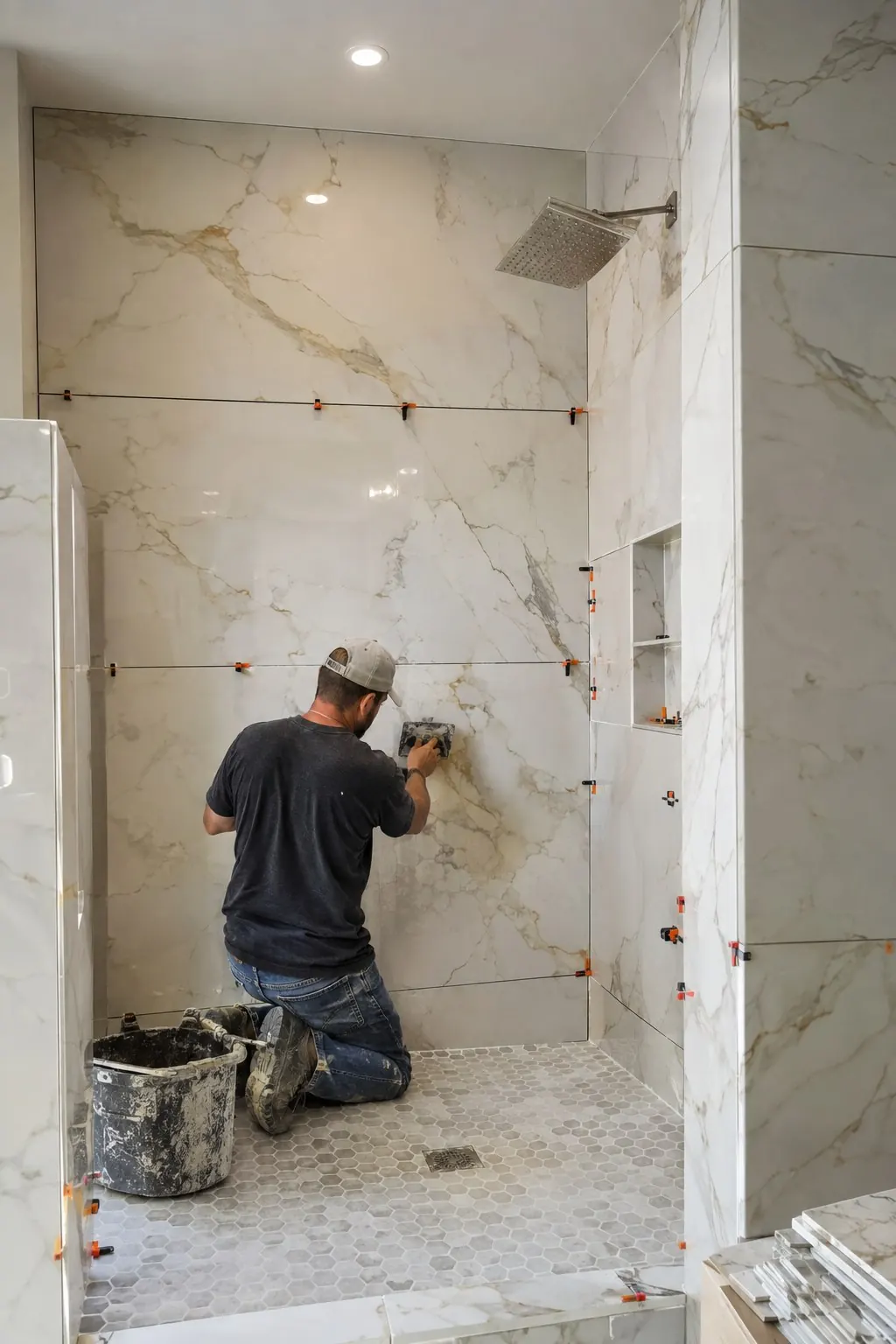 Tile setter finishing a large-format shower