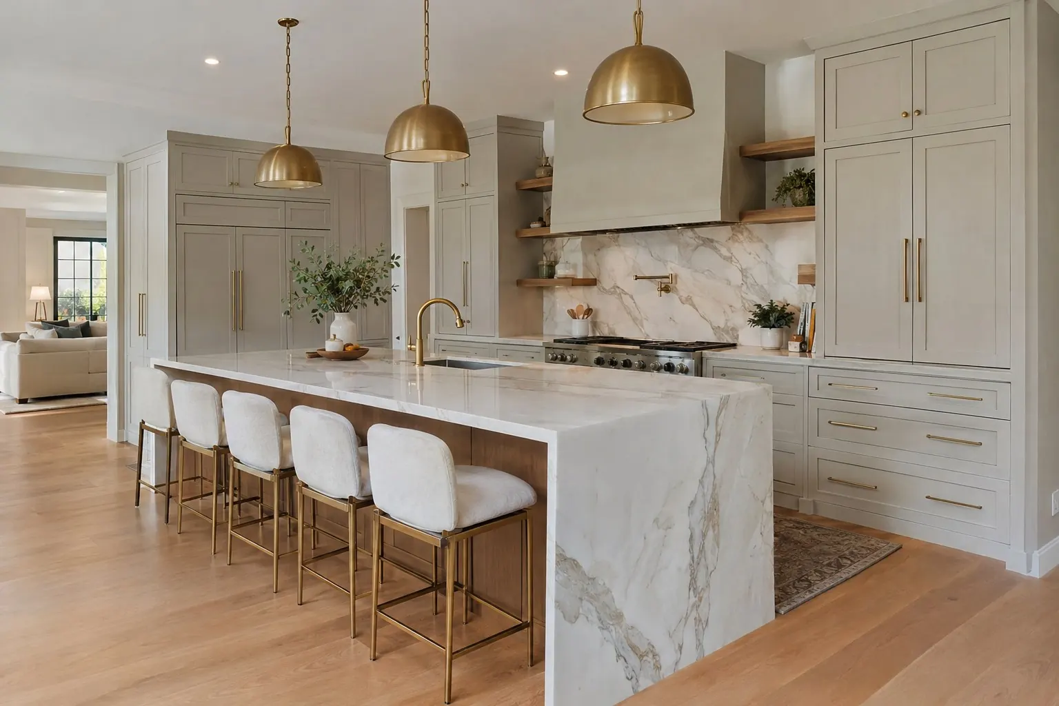 Finished high-end kitchen with marble island and brass pendants