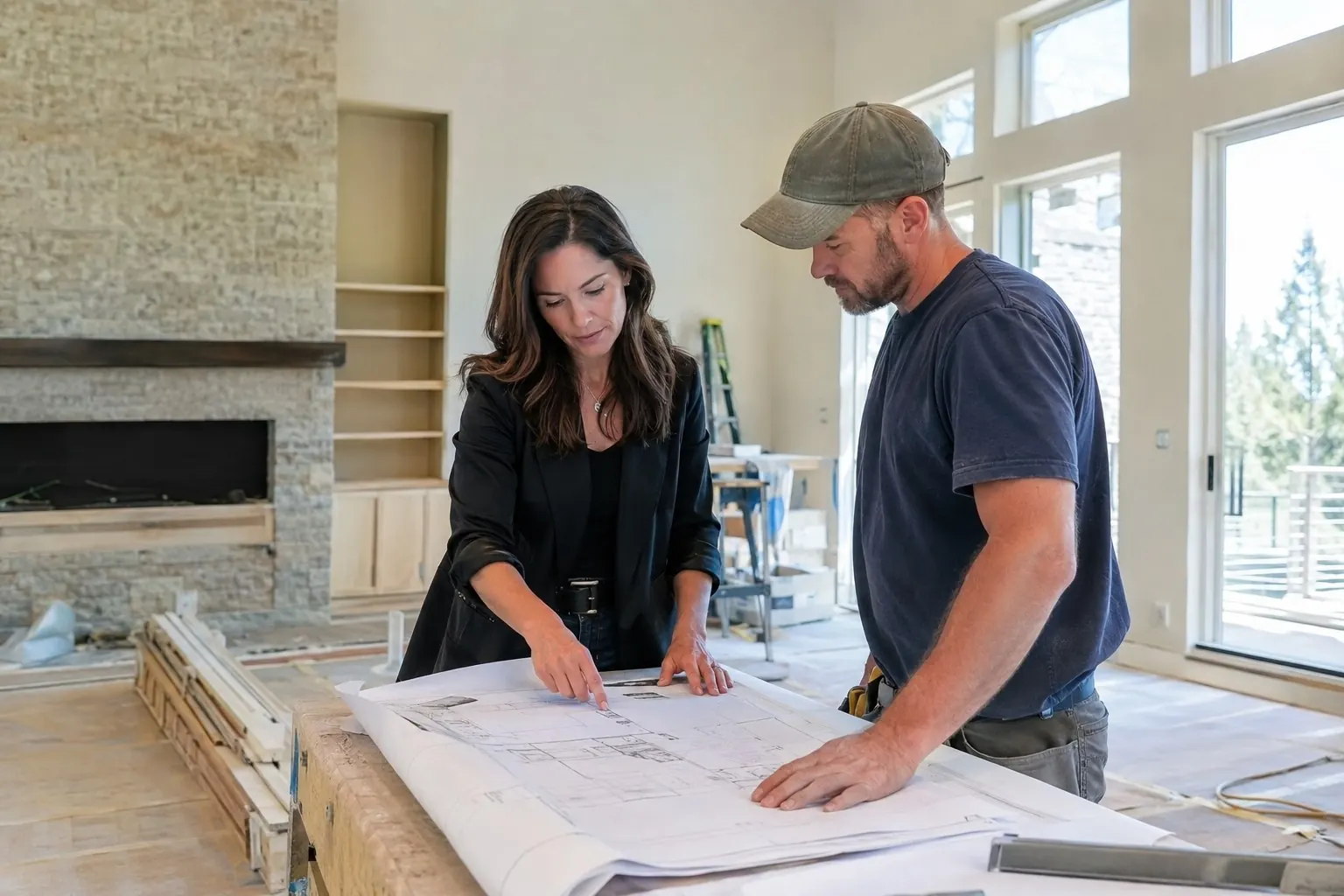 Coyote project lead reviewing reconstruction plans with a homeowner