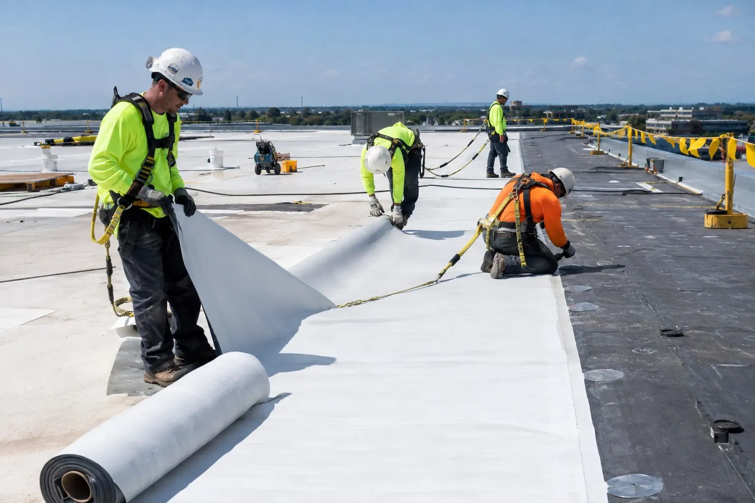 Commercial crew rolling out single-ply membrane on a flat roof