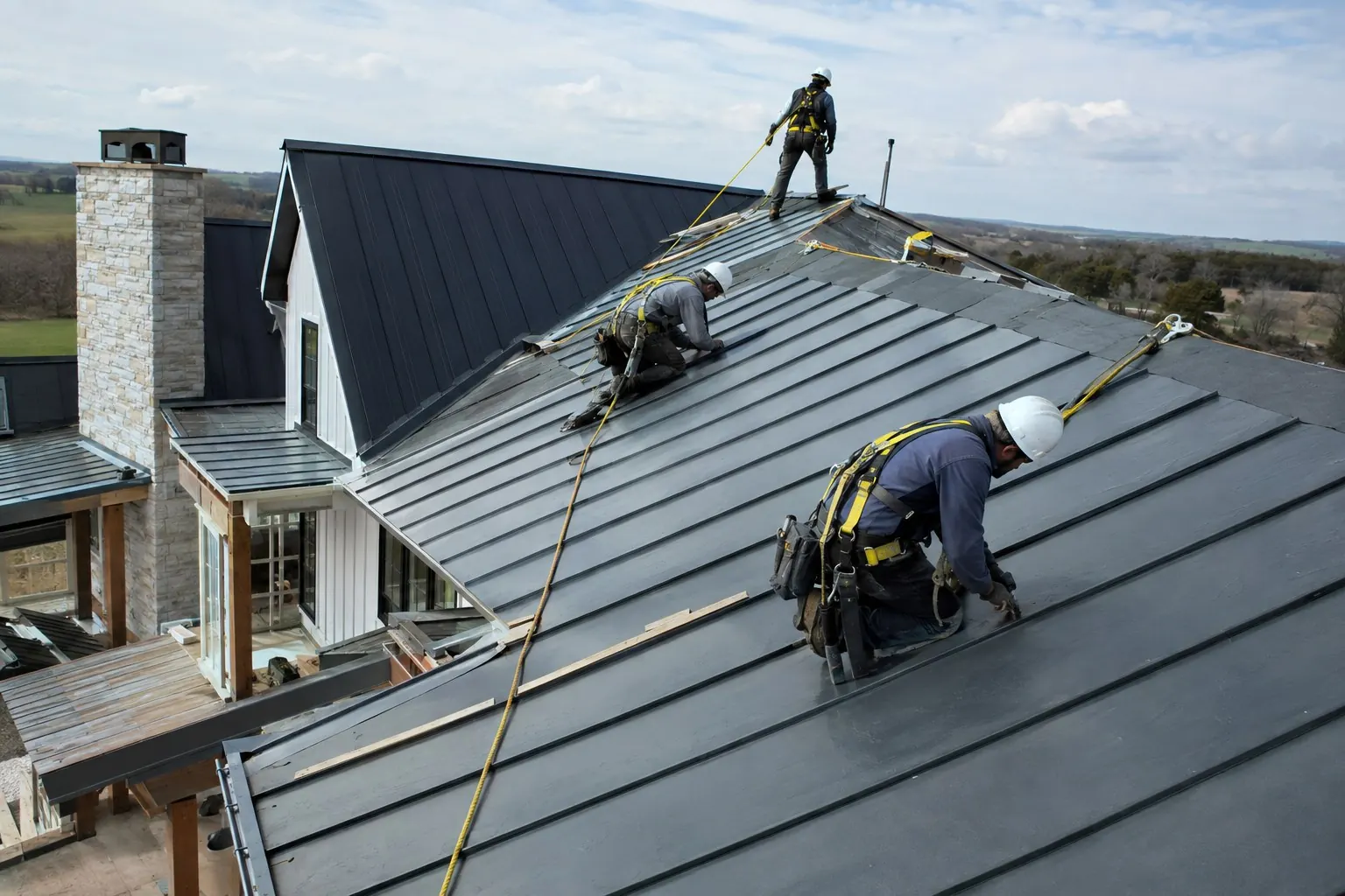 Crew installing a standing-seam metal roof with fall protection