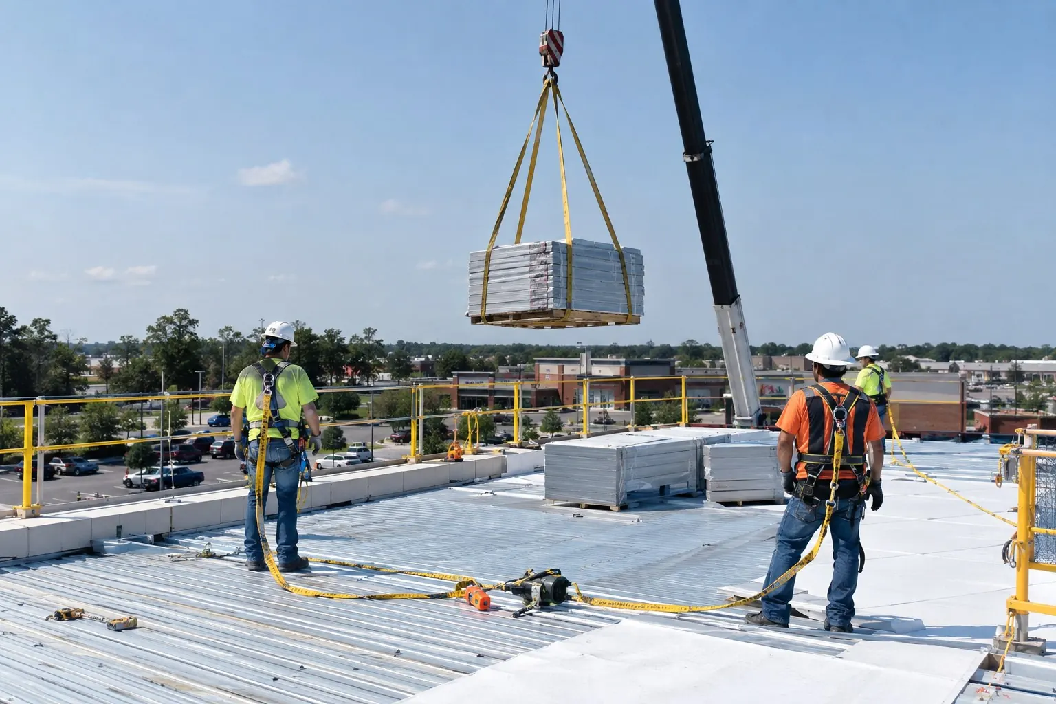 Crane lifting roofing materials onto a commercial roof