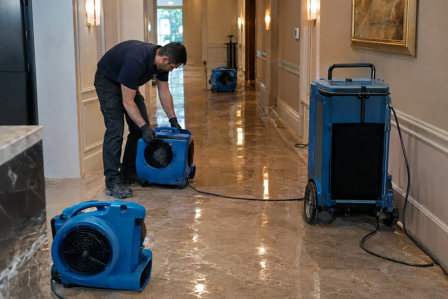 Technician placing air movers and a dehumidifier in a water-damaged hallway