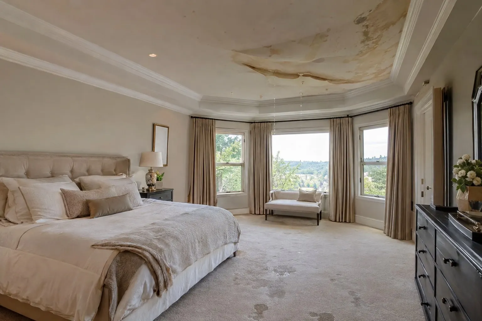 Water-stained bedroom ceiling