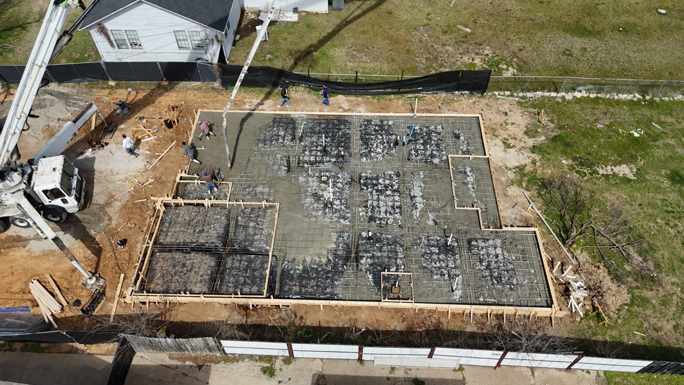 Drone overview of roof and exterior restoration work