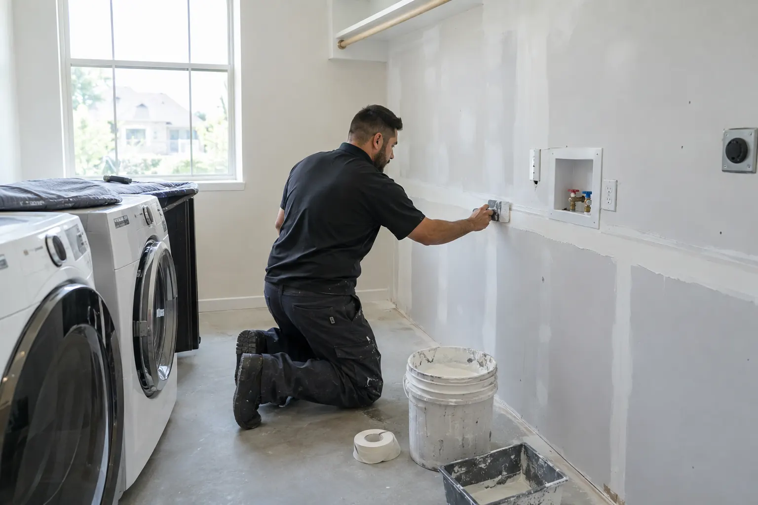 Drywall installer finishing new drywall in a laundry room
