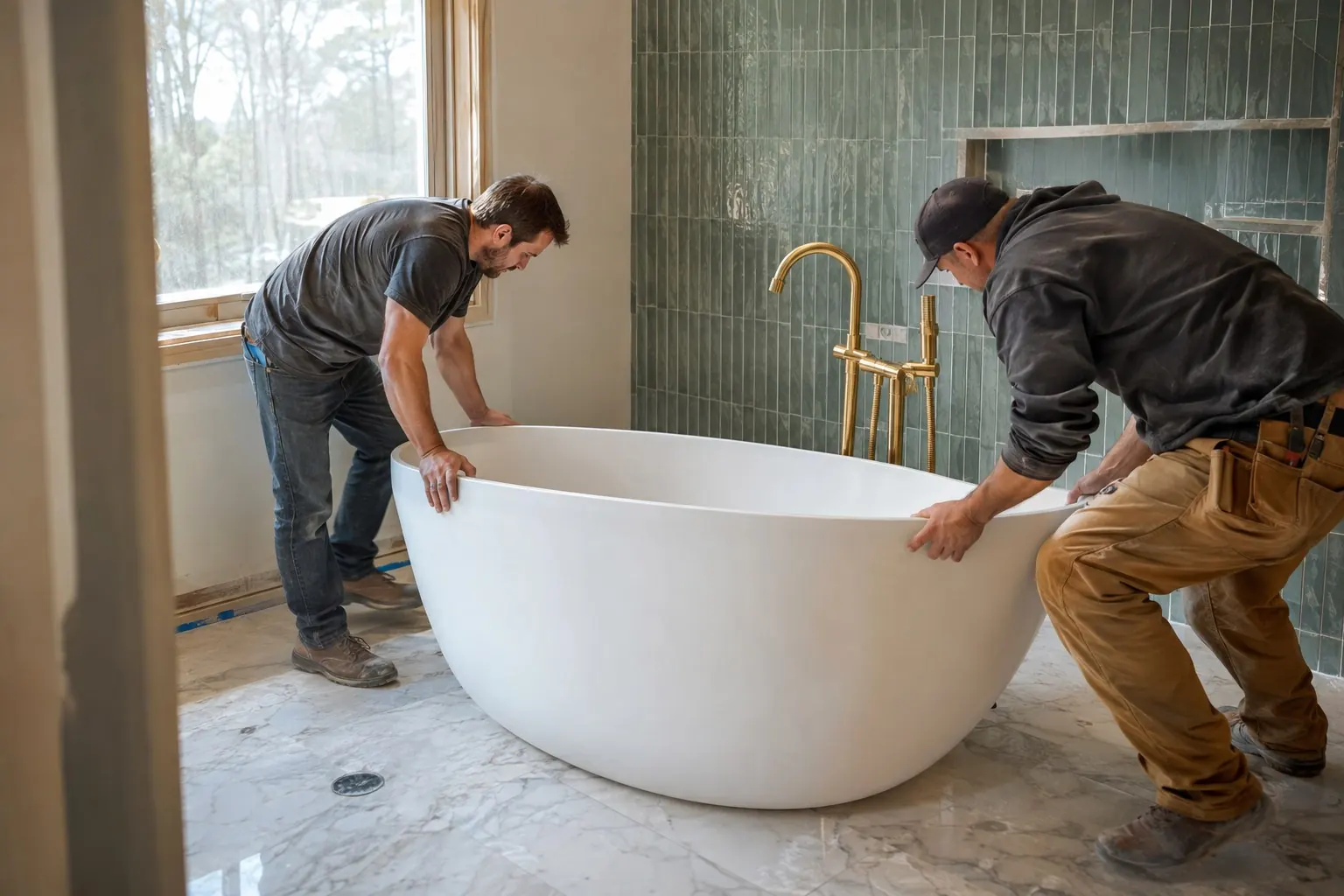 Crew setting a freestanding tub